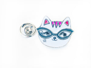Nerdy Cat Lover Enamel Pin with Glasses Close up