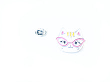 Enamel pin with nerdy cat with pink glasses and silver toned back