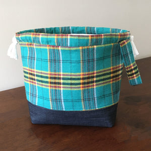 Fall Blue Plaid Drawstring Project Bag - Precious Knits Shop