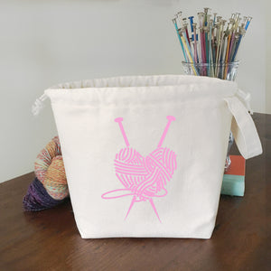 Knit Heart Drawstring Project Bag