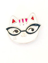 hard enamel pin with nerdy white cat with black glasses and hot pink ears 
