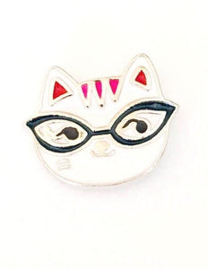 hard enamel pin with nerdy white cat with black glasses and hot pink ears 