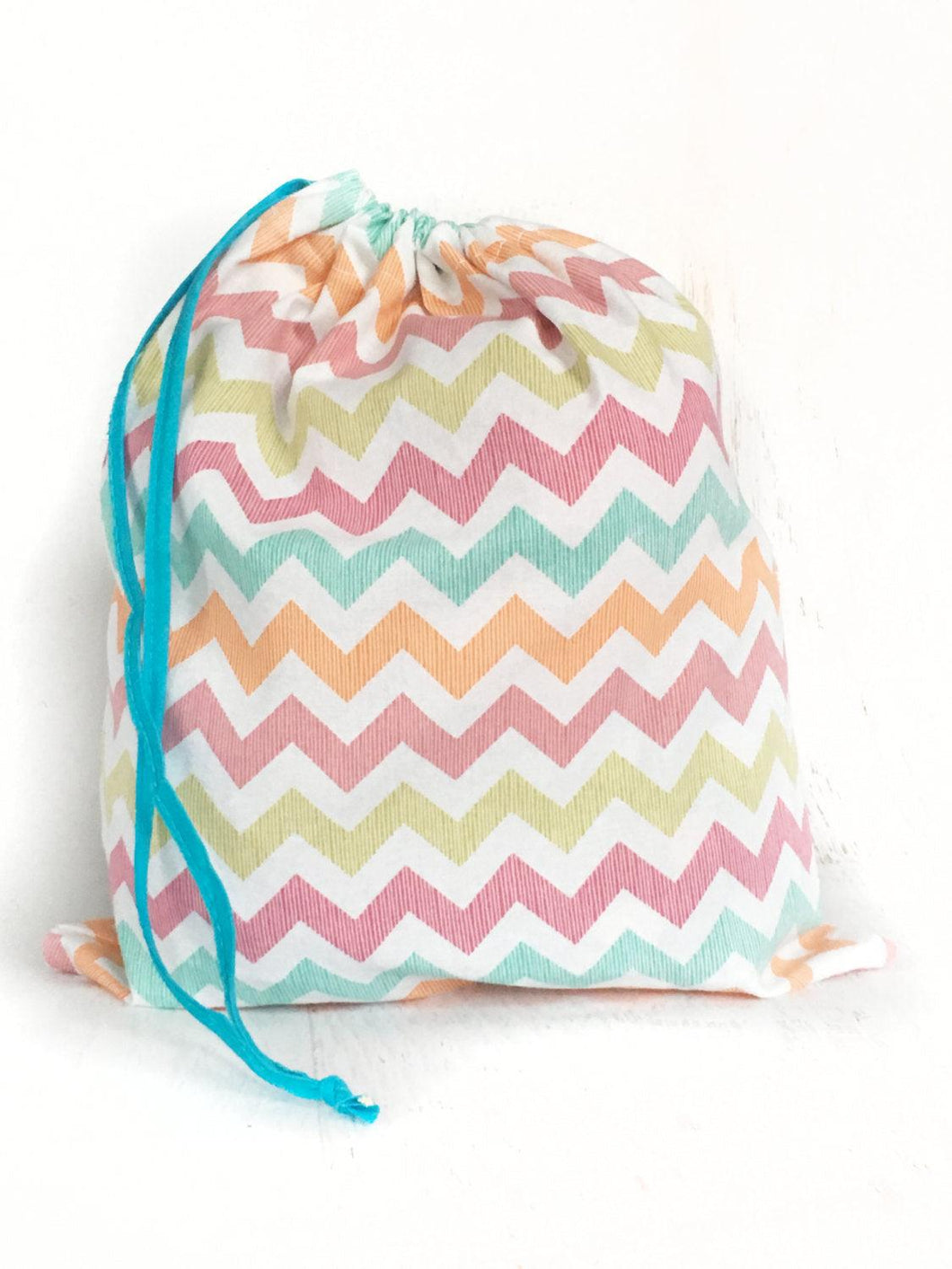 Colorful cotton chevron drawstring project bag for knitting and crochet